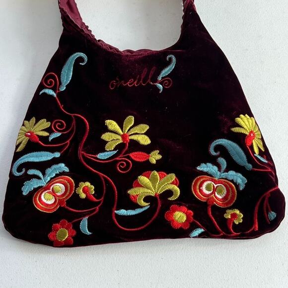 Vintage Oneill Shoulder Purse Maroon Velvet Multicolor Embroidered Flowers - Picture 2 of 12